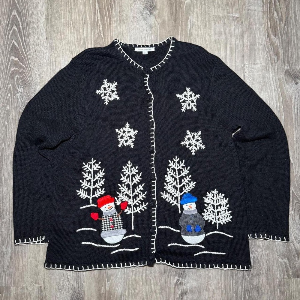 Mercer Street Studio black Christmas cardigan with white snowflakes and snowmen